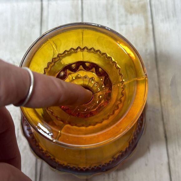 Indiana Glass Kings Crown Thumbprint Pedestal Compote Candy Dish Iridescent Gold - Picture 3 of 6